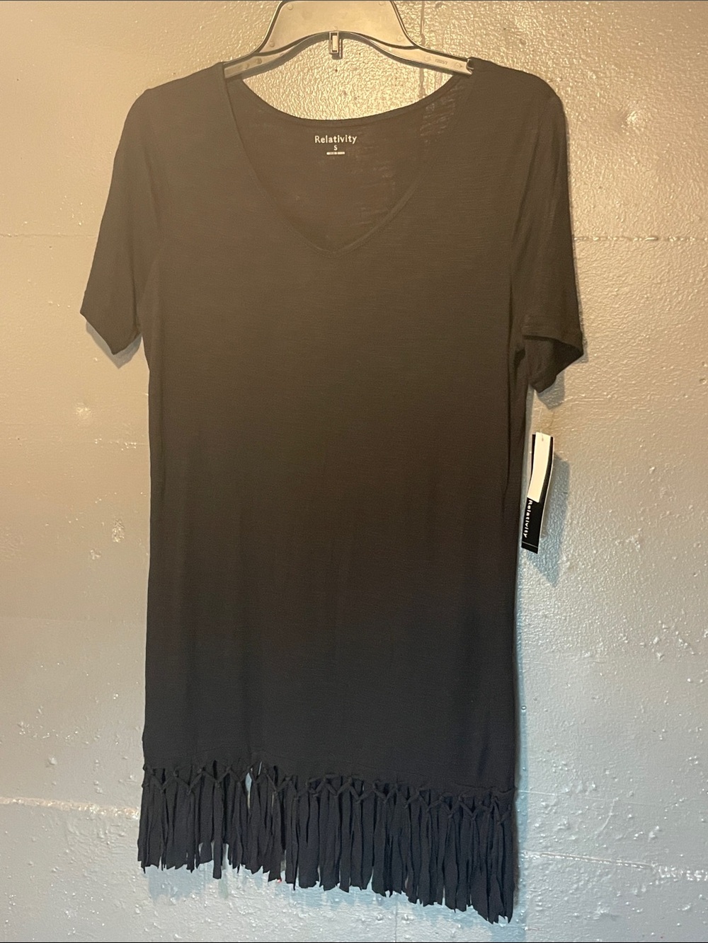 Relativity Black V-Neck Fringe-Hem Short Sleeve Tunic
